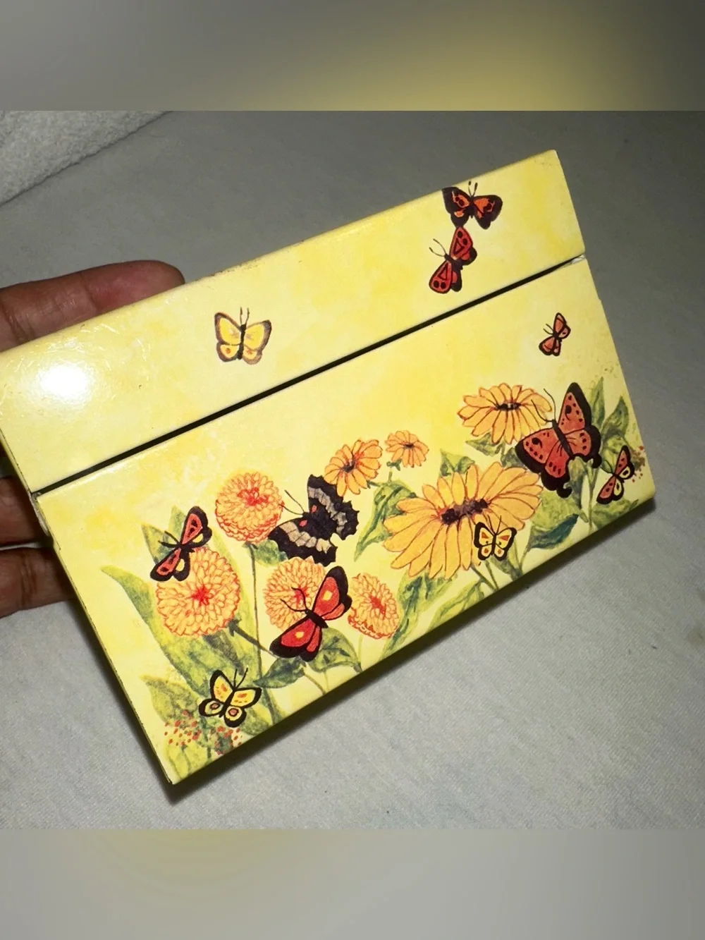 Vintage 70s Sunflower Butterfly Tin Recipe Box Syndicate Mfg Co Metal Yellow
